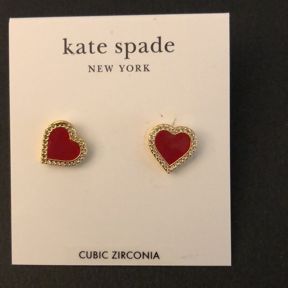 Kate Spade Gold Tone Take Heart Red Enamel & Clear CZ Heart Stud Earrings NWT - Picture 4 of 14